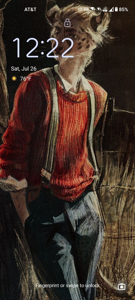 Phone lock screen image featuring a digital painting of an anthro serval standing in a hay field wearing a red sweater and jeans held up by suspenders