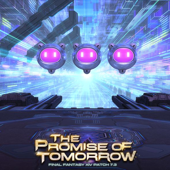A Final Fantasy 14 screenshot of the hypnoslot machine in Vault Oneiron. Three outrunners hover in front of a cyberpunk-style floating platform arena. They are machines in the shape of round monitors, with white eyes on their purple screens. Digital-themed neon purple and blue shapes occupy the background suggesting the shape of a long, seemingly endless tunnel. A small purple cube is floating on the arena. Logo reads The Promise of Tomorrow, Final Fantasy 14 Patch 7.3.