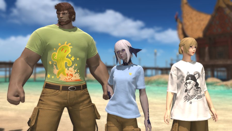 A screenshot of three characters from Final Fantasy 14 wearing graphic t-shirts. On the left, is a Roegadyn wearing a green tight fitted T-shirt with a large cactuar design on the front. In the middle, there is an Au Ra wearing a light blue T-shirt with a small chocobo emblem on the top left of the shirt. On the right is a Hyur wearing a baggy white T-shirt with a large moogle and chocobo chick design in black and white.