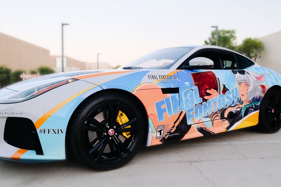 A photograph of the Final Fantasy 14 Online car wrapped in an illustration featuring the character Y'shtola Rhul.