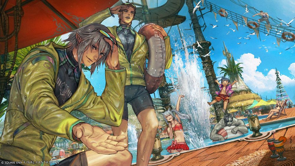 Illustration for the Final Fantasy 14 Online Moonfire Faire 2025 seasonal event. The Warrior of Light and Haurchefant are dressed in wetsuits, with Haurchefant holding his hand out towards the viewer, and the Warrior of Light holding a life buoy on his left arm. Behind them are multiple characters having fun in and around a pool. 