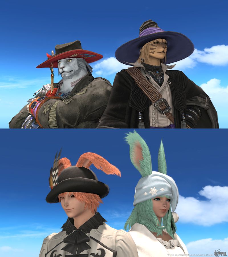 A combination of two slides from the Letter from the Producer Part 87, with two screenshots showing both Viera and Hrothgar wearing hats. Disclaimer reads development screenshots are subject to change.