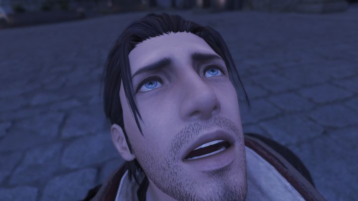 A close-up, blue-tinted screenshot of the Warrior of Light looking into the sky with a worried expression.