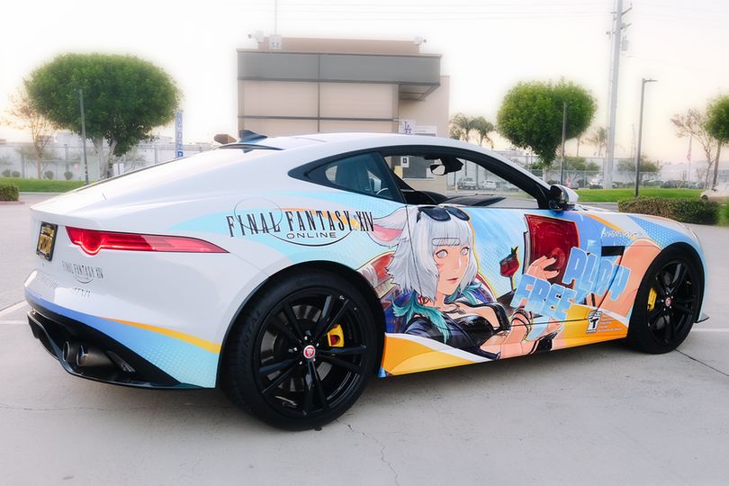 A photograph of the Final Fantasy 14 Online car wrapped in an illustration featuring the character Y'shtola Rhul.