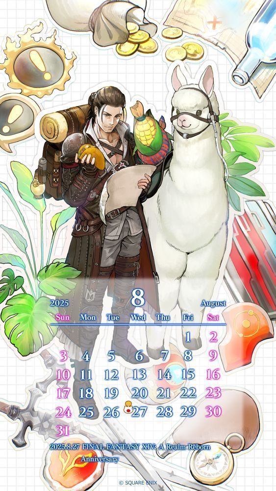 A Final Fantasy 14 illustration of the Warrior of Light, an alpaca, and the Cornservant surrounded by a variety of items found in-game. The Warrior of Light is holding a taco in his right hand and a map in his left hand. A calendar showing the month of August is below. Text reads August 27, 2025, Final Fantasy 14: A Realm Reborn Anniversary.