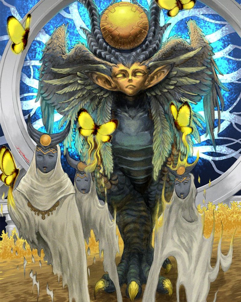 An illustration of Ra-la from Final Fantasy 14, illustrated by Tetsu Tsukamoto. It is a large divine creature with feathered wings and two black horns. It has a large golden disk between its horns on top of its head. Ra-la is surrounded by yellow butterflies and robed figures.