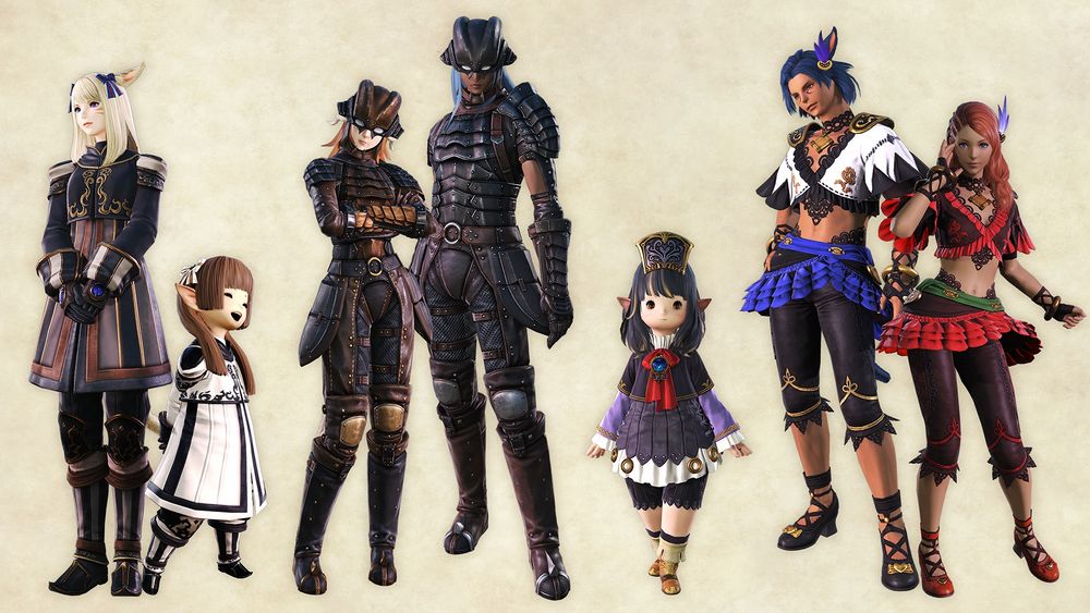 A Final Fantasy 14 screenshot of multiple player characters wearing new attire that will be available from the upcoming San d'Oria: The Second Walk alliance raid.