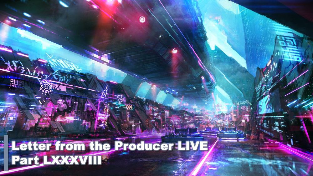 A cover slide for the Letter from the Producer Live Part 88. In the background is concept artwork of Solution Nine featuring a long corridor decorated with many pink and purple neon lights.