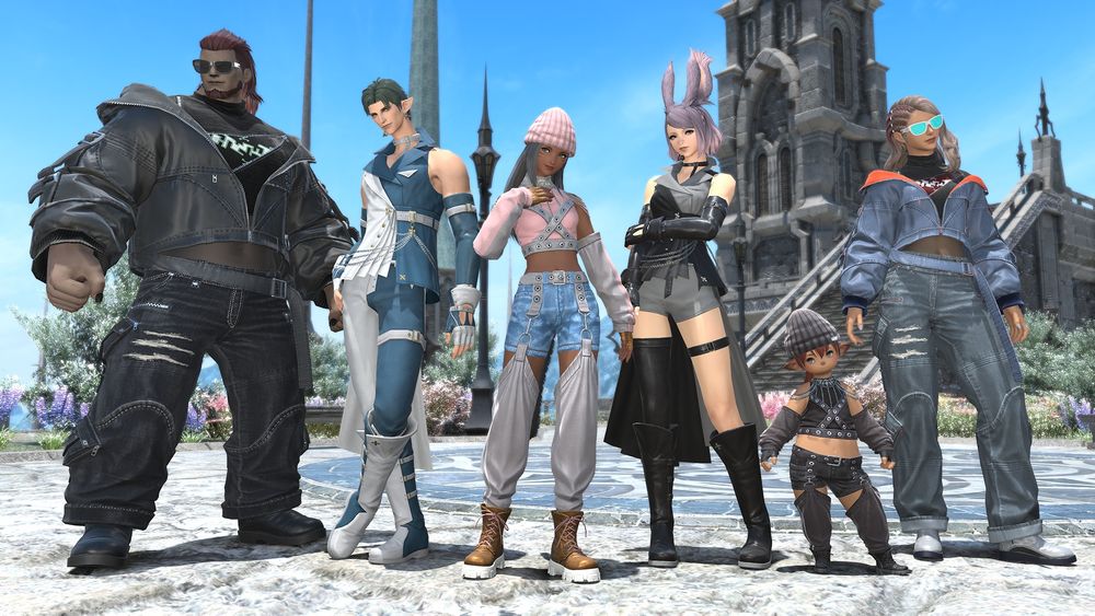 A Final Fantasy 14 screenshot of multiple player characters wearing sporty gear rewards.