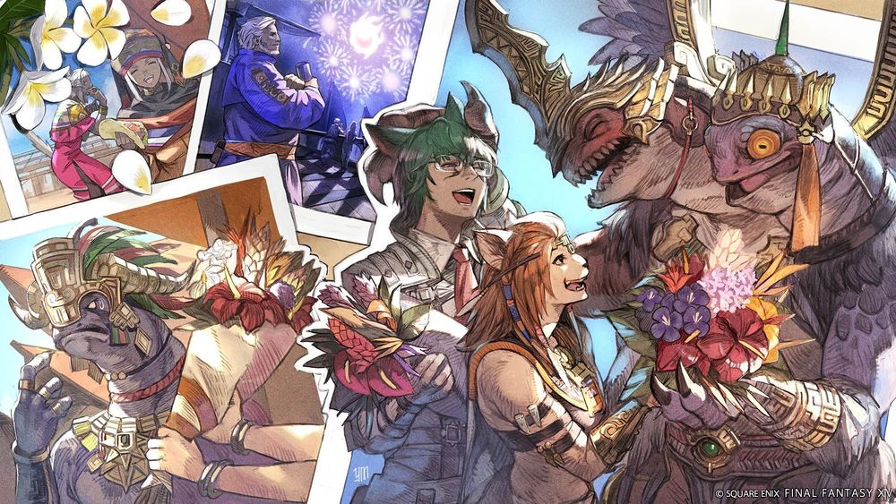 An illustration for the Final Fantasy 14 seasonal event The Rising 2025. The illustration depicts multiple photographs featuring prominent characters from Dawntrail. In the front photo, Gulool Ja Ja, a two-headed Mamool Ja, is handing a flower bouquet to Wuk Lamat while patting Koana's head. In the next photo, Zoraal Ja is seen frowning while being handed a large bouquet of flowers by a figure out of shot. Another photo features Ketenramm watching a fireworks show featuring the meteor symbol. The final photo features characters dressed in Turali attire while eating tacos.