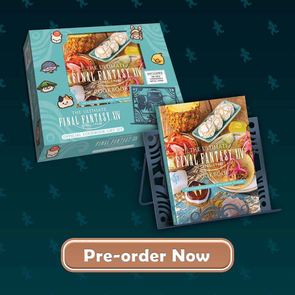 A product image for the Ultimate FINAL FANTASY XIV Cookbook, Vol. 2 Gift Set. Text reads Pre-order Now. In the background is a box enclosing the Cookbook and stand. In front of the box is the Final Fantasy 14 Cookbook sitting on a stand with a Namazu design.
