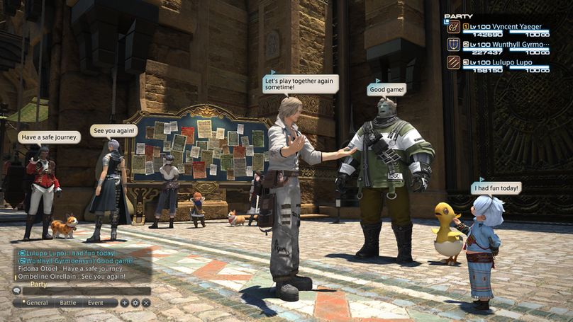 A Final Fantasy 14 screenshot showing multiple player characters standing near a marketboard in Ul'dah using the chat bubble feature.