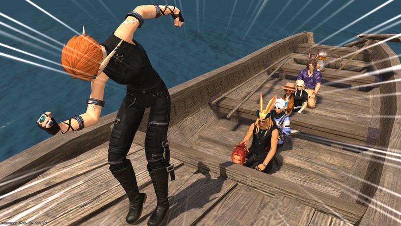 An Au Ra player character performing an exaggerated Manderville-style flexing pose at the front of a wooden rowing boat, one arm curled in front and one behind her. Behind her eight more player characters of varying appearance kneel in a line along the boat, looking straight ahead, expressionless.