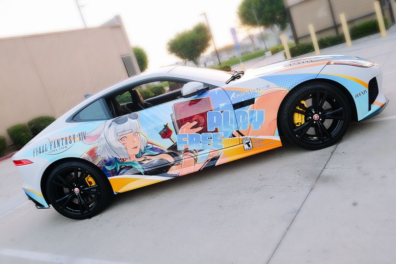 A photograph of the Final Fantasy 14 Online car wrapped in an illustration featuring the character Y'shtola Rhul.