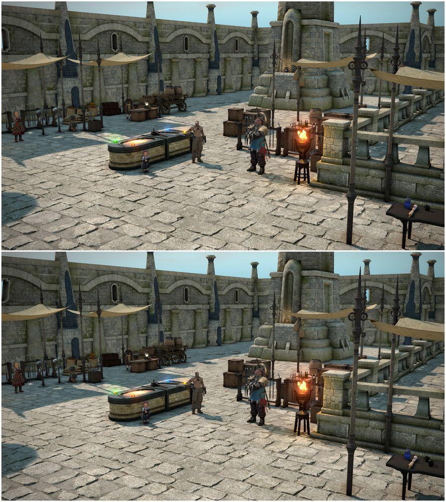 Two Final Fantasy 14 screenshots on top of each other showcasing an area in the Phantom Village, where several non-player characters are standing beside a forge, as well as stalls selling armor and weapons. Both screenshots are almost identical, with 10 small differences.