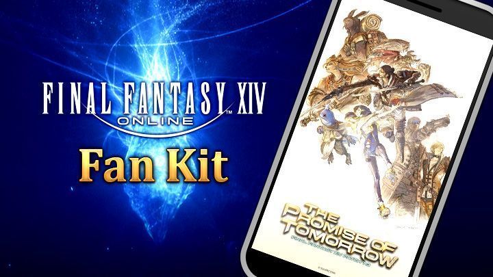 A banner for the Final Fantasy 14 Online Fan Kit. The logo and concept artwork of Patch 7.3: The Promise of Tomorrow are shown on the screen of a mobile device.