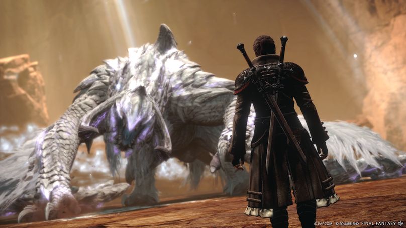 A screenshot from Final Fantasy 14 Online of the Warrior of Light dressed as a Viper with a long cloak and duel blades across their back standing away from the camera looking ahead at Arkveld, a large white enemy with glowing purple accents from Monster Hunter Wilds.