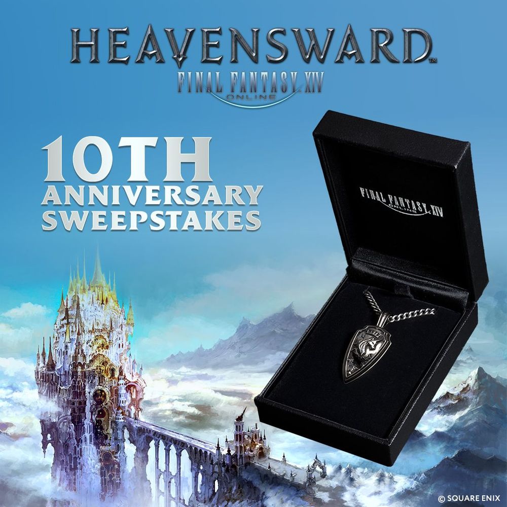 Final Fantasy 14 Heavensward tenth anniversary sweepstakes. Banner shows an opened black box containing a silver pendant styled after Haurchefant's broken shield. In the background is an illustration of Ishgard.