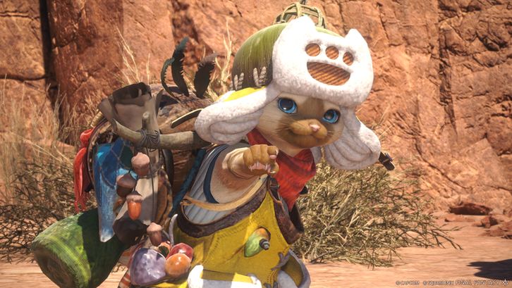 A screenshot from Final Fantasy 14 Online of a felyne, a small bi-pedal cat from Monster Hunter Wilds pointing at the viewer while dressed in a fluffy hat, layered jacket, and a large backpack on their back.