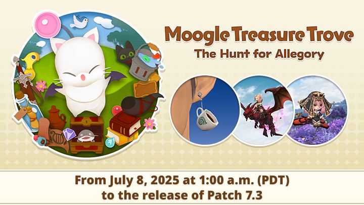 Moogle Treasure Trove: The Hunt for Allegory. From July 8, 2025 at 1:00 a.m. PDT to the release of Patch 7.3. To the left, an illustration of a moogle surrounded by treasures from Final Fantasy 14. To the right, three screenshots of rewards are shown: Coffee Cup Earring, Ruby Gwiber mount, and the Ephemeral Necromancer minion.