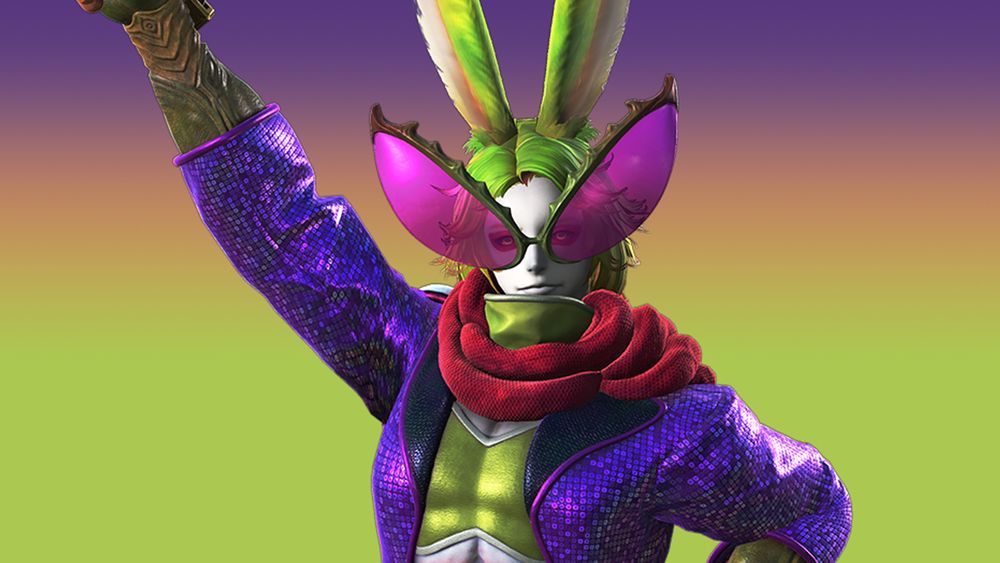 A picture of Dancing Green, an opponent in the Arcadion: Cruiserweight Division. He is a Viera with long neon green hair, oversized visors, a red scarf, and a purple jacket. 