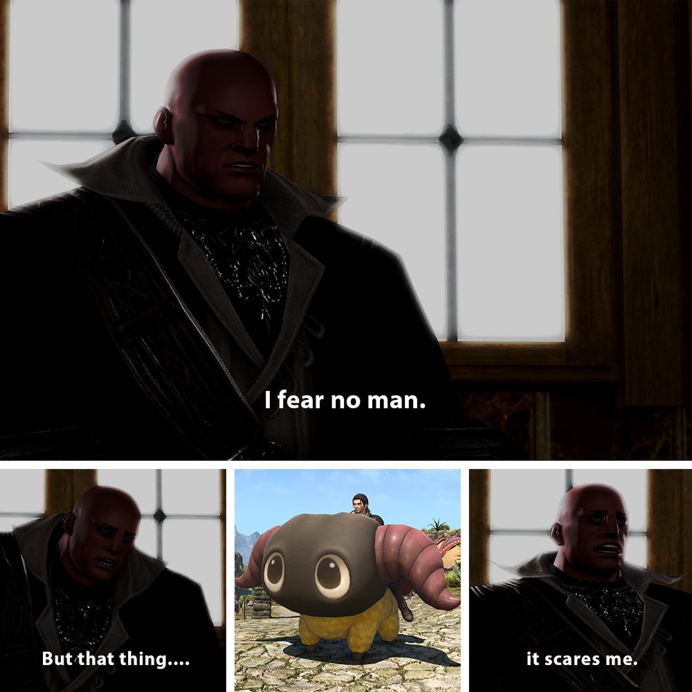  A Final Fantasy 14 meme image with four panels. A Roegadyn sits in a dark room on the first panel with a caption "I fear no man". On the second panel the Roegadyn is leaning forward with the caption "But that thing….". On the third panel is a screenshot of a Warrior of Light riding a Yan mount. On the fourth panel a Roegadyn looks shocked with the caption "it scares me".