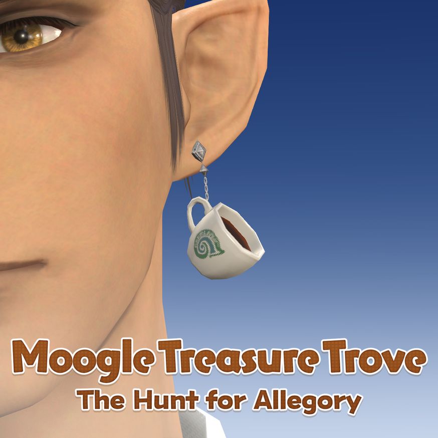 Banner reads Moogle Treasure Trove, The Hunt for Allegory. Screenshot shows an Elezen wearing an earring on his left ear. The earring is in the shape of a coffee cup with the Sharlayan sigil.