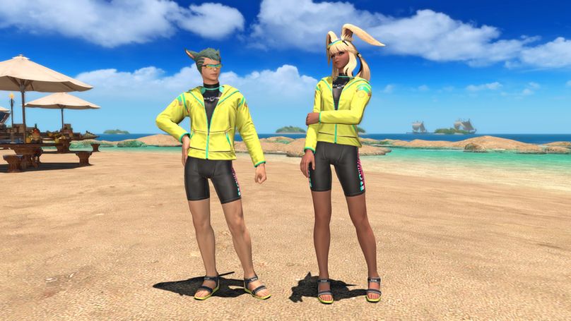 A screenshot of the new Maritime Attire reward from the 2025 Moonfire Faire seasonal event in Final Fantasy 14. Two characters in stylish sunglasses are wearing a vibrant yellow wetsuit with a black rash guard underneath fitted with strap on sandals.