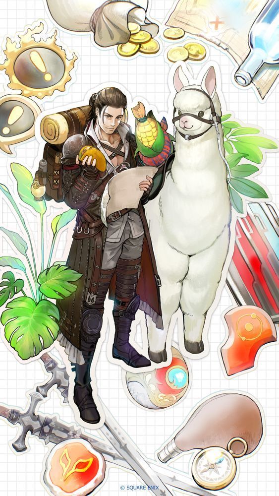A Final Fantasy 14 illustration of the Warrior of Light, an alpaca, and the Cornservant surrounded by a variety of items found in-game. The Warrior of Light is holding a taco in his right hand and a map in his left hand.