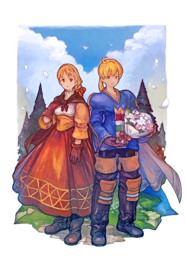 An illustration to commemorate the launch of Final Fantasy Tactics – The Ivalice Chronicles. Two characters stand back-to-back in a forest with a blue sky in the background. On the right, a young man with blonde hair and a ponytail is holding a bouquet of flowers in a blue tunic and high leather boots. On the left, a young woman with blonde hair pulled back into a low ponytail is wearing a flowing red dress with a maroon cloak.
