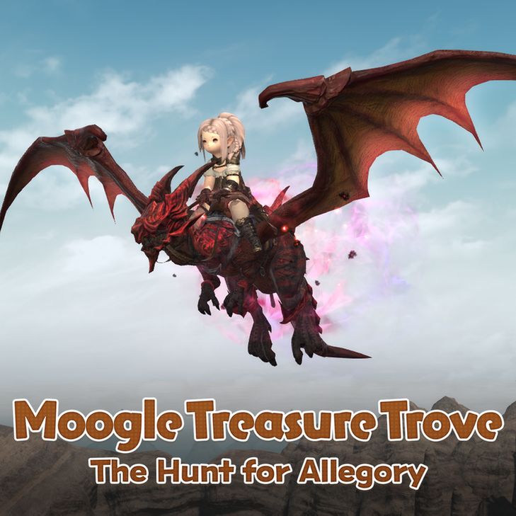 A banner for the Final Fantasy 14 Moogle Treasure: The Hunt for Allegory. In the background is a screenshot of a Lalafell riding a Ruby Gwiber mount.
