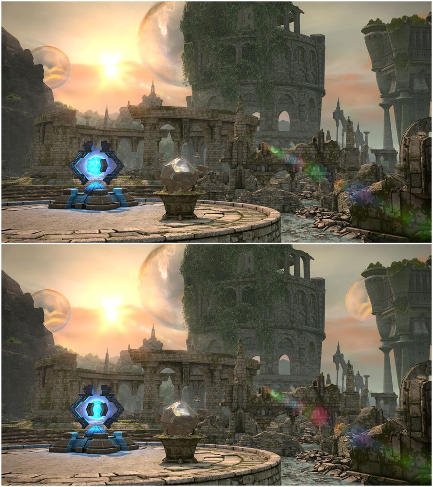 Two Final Fantasy 14 screenshots on top of each other showcasing an area in the Occult Crescent with ruins by the water. In the front is an aetheryte and a knowledge crystal. Both screenshots are almost identical, with 10 small differences.