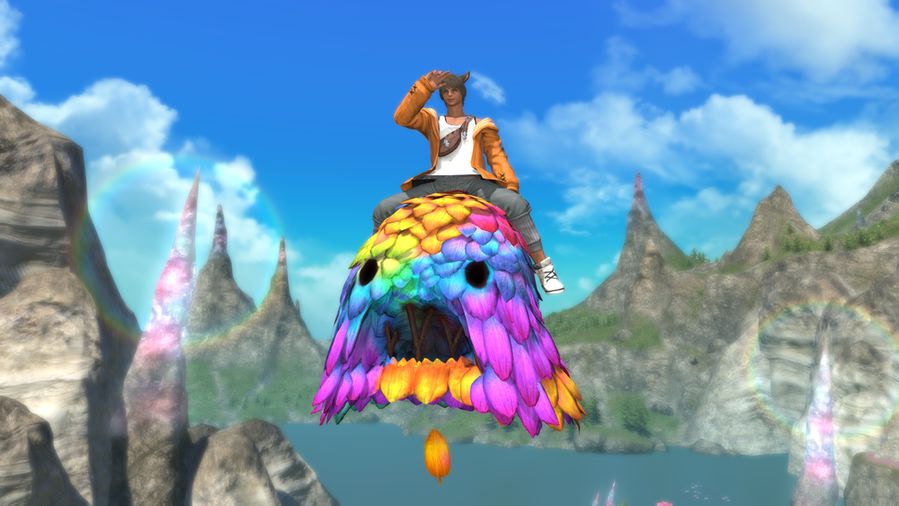 A slide from the Letter from the Producer Part 88. Slide reads Pilgrim's Traverse. The screenshot showcases a mount reward featuring a Miqo'te player character flying in the sky sitting on top a large rainbow leafman.