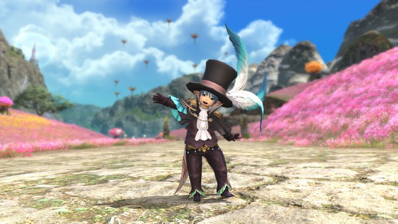 A slide from the Letter from the Producer Part 88. Slide reads Pilgrim's Traverse. The screenshot showcases a player wearing a new garment reward fashioned after an iconic Fuath leader, Aenc Thon. The attire features a long-sleeved coat, with a white neck handkerchief and long trousers. The character is wearing a large top-hat with three large feathers coming from the brim.