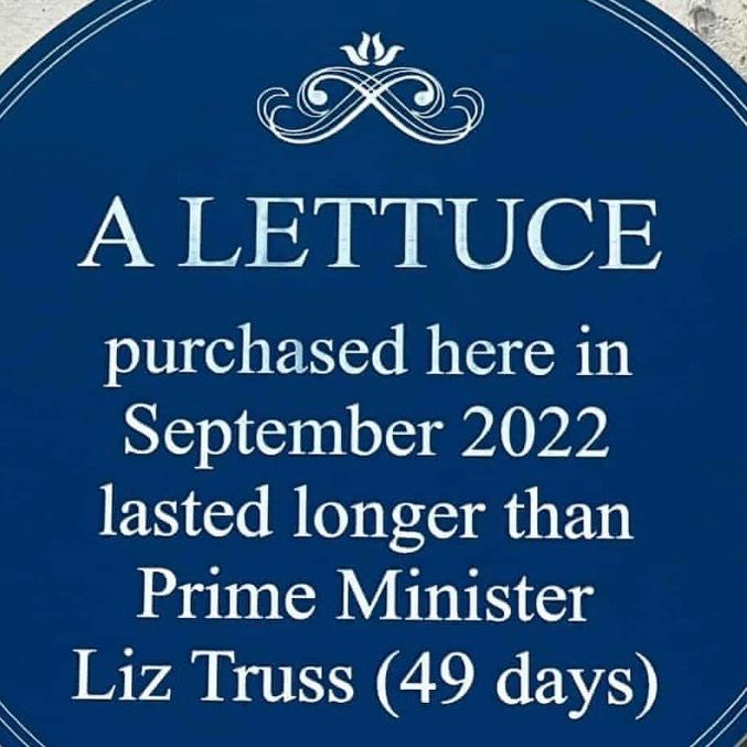 Blue plaque erected at a Tesco Express store, reading; A LETTUCE purchased here in September 2022 lasted longer than Prime Minister Liz Truss (49 days)