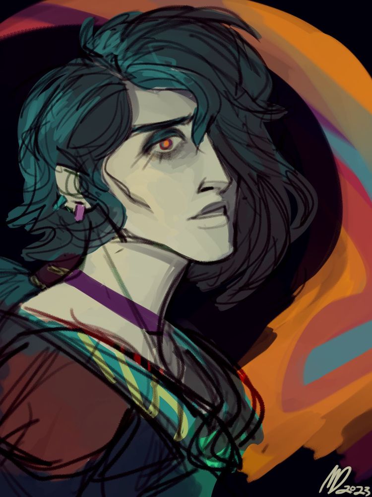 coloured sketch of a very pallid Hwei from League of Legends, set against a dark background accented with a colourful brushstroke.