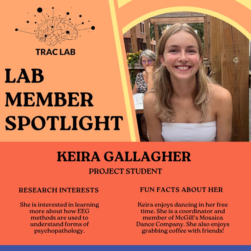 A digital graphic with LAB MEMBER SPOTLIGHT at the top. Besides the title is a picture of Keira Gallagher. Underneath is a section describing Keira as a research assistant. Research interests: Keira is interested in learning about how EEG methods are used to understand forms of psychopathology. Fun facts about her: Keira enjoys dancing in her free time. She is a coordinator and member of McGill's Mosaica Dance Company. She also enjoys grabbing coffee with friends!