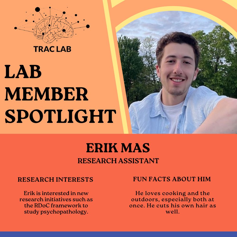 A digital graphic with LAB MEMBER SPOTLIGHT at the top. Besides the title is a picture of Erik Mas. Underneath is a section describing Erik Mas as a research assistant. Research interests: Erik is interested in new research initiatives such as the RDoC framework to study psychopathology. Fun facts about him: He loves cooking and the outdoors, especially both at once. He cuts his own hair as well.