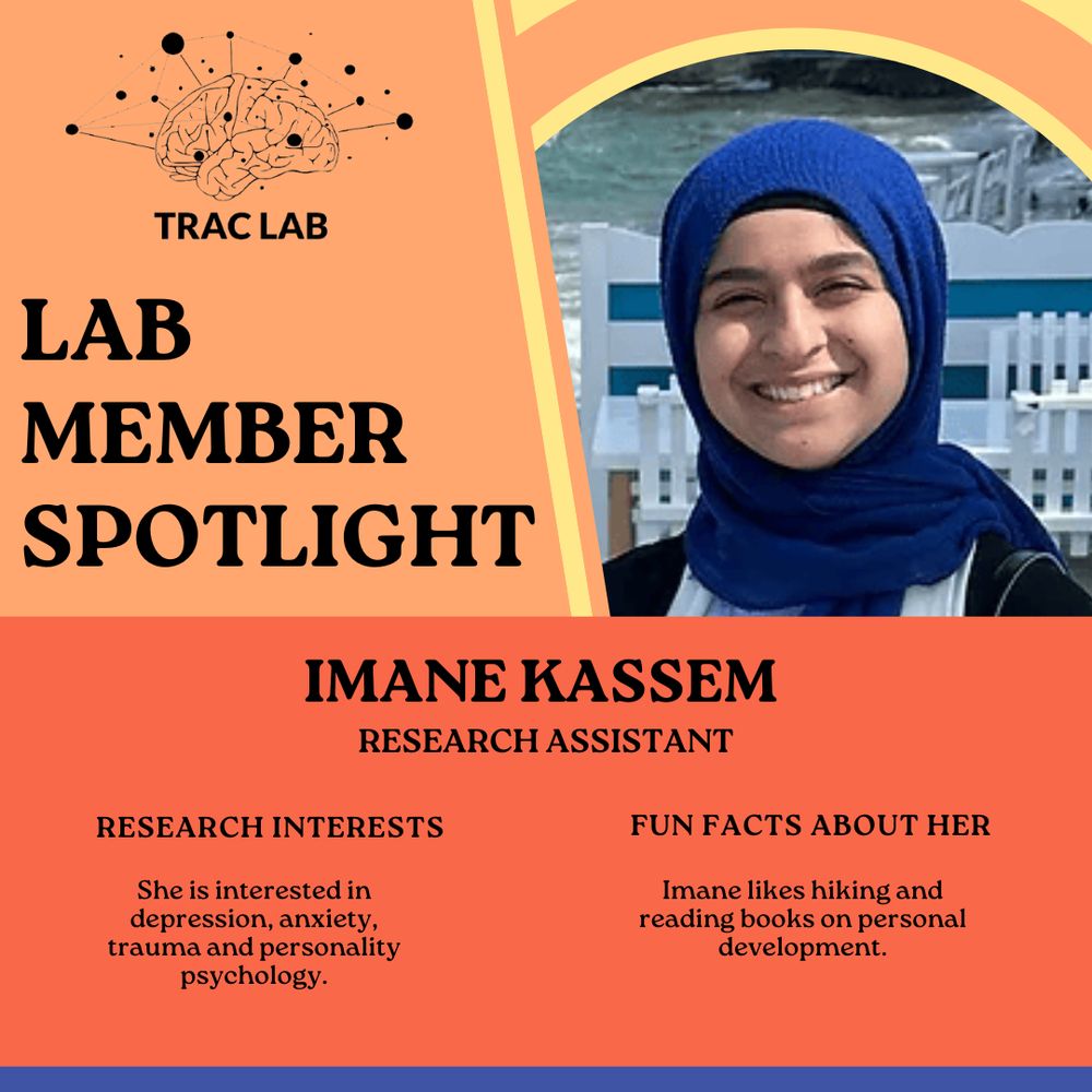 A digital graphic with LAB MEMBER SPOTLIGHT at the top. Besides the title is a picture of Imane Kassem. Underneath is a section describing Imane as a research assistant. Research interests: She is interested in depression, anxiety, trauma, and personality psychology. Fun facts about her: Imane likes hiking and reading books on personal development