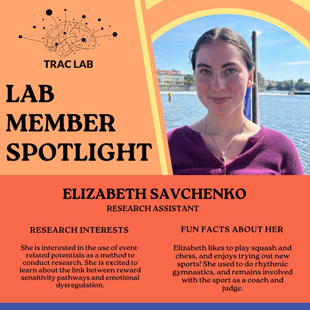 A digital graphic with LAB MEMBER SPOTLIGHT at the top. Besides the title is a picture of Elizabeth Savchenko. Underneath is a section describing Elizabeth Savchenko as a research assistant. Research interests: She is interested in the use of event-related potentials as a method to conduct research. She is excited to learn about the link between reward sensitivity and emotional dysregulation. Fun facts about her: Elizabeth likes to play squash and chess, and enjoys trying out new sports! She used to do rhythmic gymnastics, and remains involved with the sport as a coach and judge.