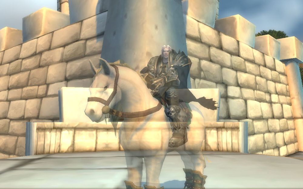 The less detailed explanation: video game screenshot of a man in dark armor sitting astride a white horse, seemingly not quite all there, posed in front of some medieval castle looking assets (battlements and turrets and all that stuff). Admittedly he's missing any kind of protective headgear like a helm.

The fear me explanation: Blizzard added a set of quests just for me (😝) to acquire an item that lets my character temporarily take on the visage of my poor little meow meow, so he's getting posed wherever I can think of doing it and with whatever other items will enhance the effect. Mounted on a white horse in honor of being the world's worst horse girl who went from committing combination regicide/patricide to running across the landscape to resurrect his favorite horse that he…um…very negligently got killed before the poor thing was even fully grown. Have I noted that he's problematic in the extreme? Also it's been 15 years and I still haven't gotten him to give me the damn zombified pony as loot when I smack him like a piñata, so Blizz needs to rectify that for me ASAP.