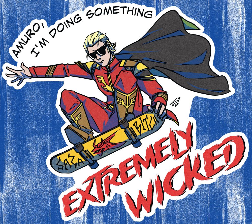 Char Aznable from Mobile Suit Gundam: Char's Counterattack striking a pose while riding a skateboard. The text says "Amuro, I'm doing something extremely wicked"