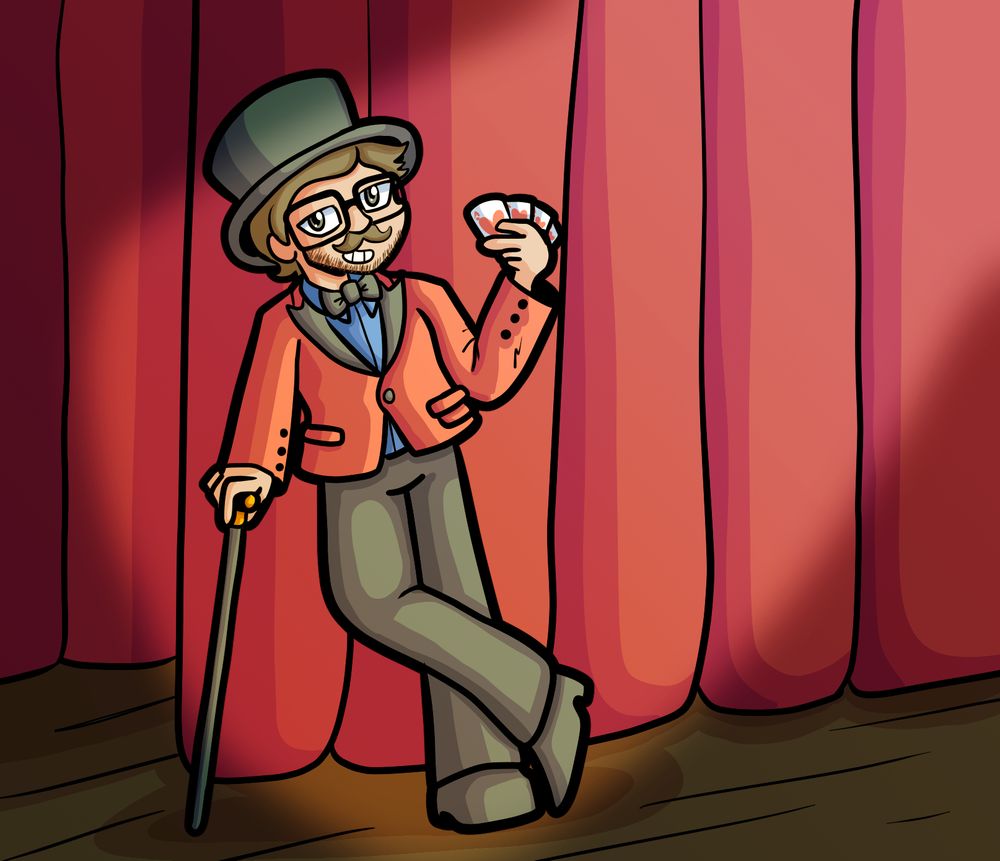 A cartoon drawing of the showman from Balatro, holding 4 aces of hearts. He looks suspiciously like Murphy Obv, but that's probably just a coincidence.