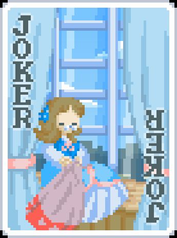 Balatro styled pixel art of a Seamstress, Sapphire. She is sitting in a bay window and is sewing a pink fabric with a diamond pattern