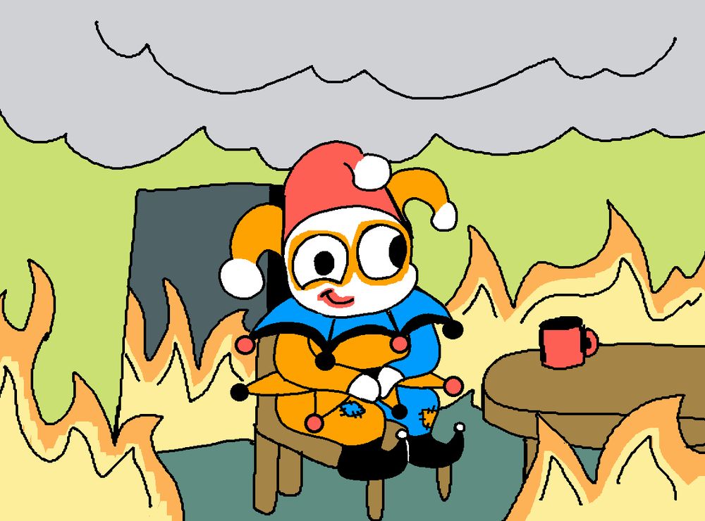 A drawing of Jimbo from Balatro sat in a burning dining room.