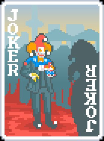 Pixel art of a joker, Jimbo, on a red carpet. He is holding a bunch of bananas and a jimbo plushie. There is a crowd of people around him.