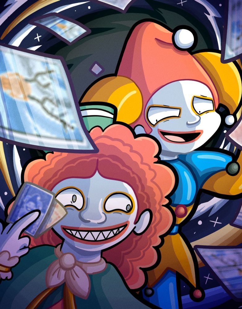A cartoon drawing showing Perkeo and Jimbo, two jokers from Balatro. Perkeo holds a blueprint and brainstorm in his hand. There are negative cryptid cards flying around them and a black hole in the background.