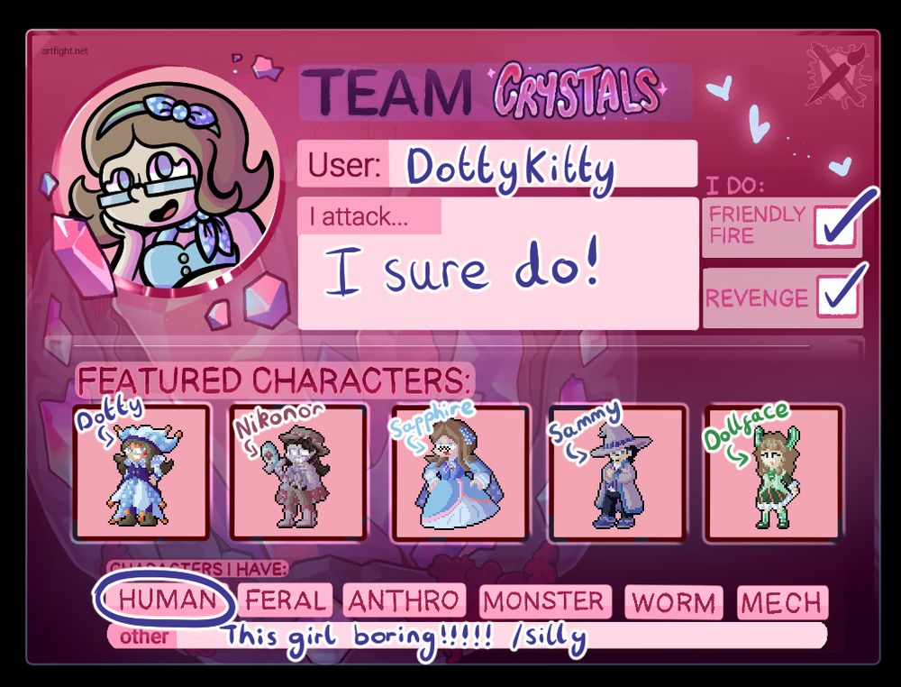 A filled in form for Team Crystals, sourced from Art fight:
https://artfight.net/info/art-assets