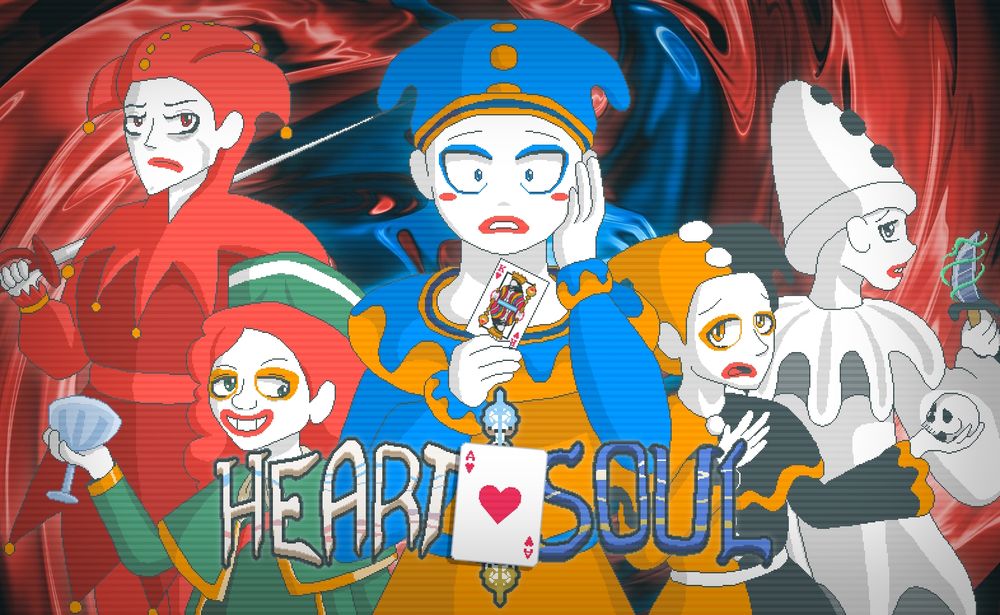 Pixel art of the legendary jokers from Balatro (Left to right: Chicot, Perkeo, Triboulet, Yorick and Canio) in an anime style. There is a logo which reads "HEART SOUL"