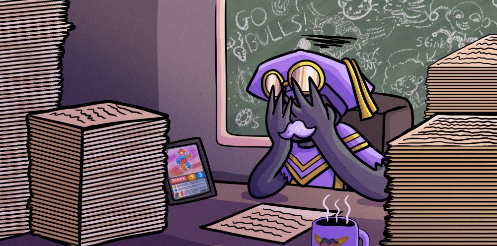 A cartoon drawing of twitch streamer drspectred, aka Balatro University on youtube. He is holding his hand in his hands and surrounded by numerous stacks of papers.